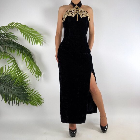 Vintage 90s Black Velvet Whimsygoth Romantic Gothic Halter Evening Prom Dress /6 - Picture 12 of 12